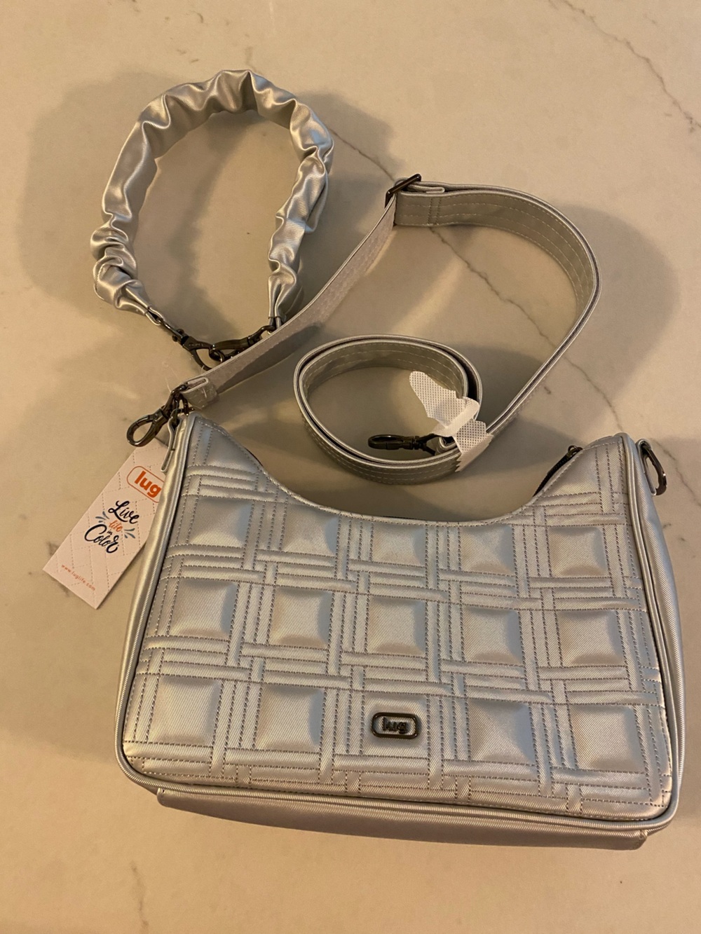 lug Groove NWT Satin Luxe Crossbody Bag Metallic Silver Quilted Scrunchie Strap